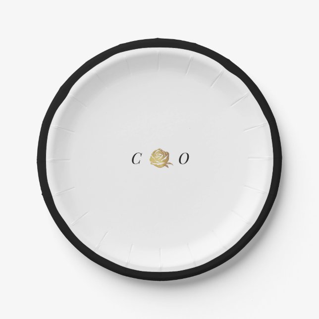 Faux gold rose black and white minimalist wedding paper plate (Front)