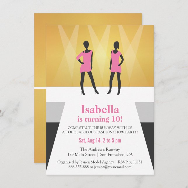 Faux Gold Runway Fashion Show Birthday Party Invitation (Front/Back)
