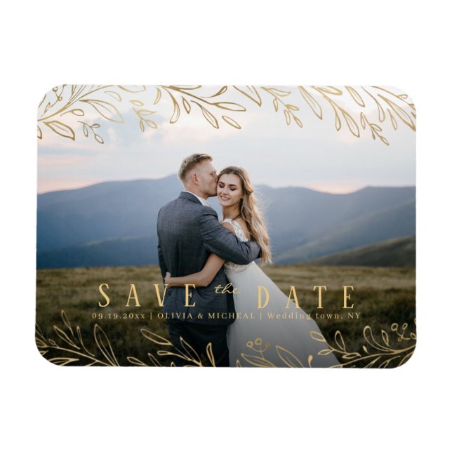 Faux gold rustic botanical photo save the date magnet (Horizontal)