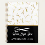 Faux Gold Scissors Logo Hair Stylist Appointment Planner<br><div class="desc">Chic hair stylist appointment book with a pattern of faux gold scissors and a design in white,  black,  and faux gold. Add your logo. Hair stylist appointment notebook personalised with your logo.</div>