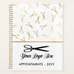 Faux Gold Scissors Logo Stylist Appointment Planner<br><div class="desc">Chic hair stylist appointment book with a pattern of faux gold scissors and a design in white,  black,  and faux gold. Add your logo. Hair stylist appointment notebook personalised with your logo.</div>