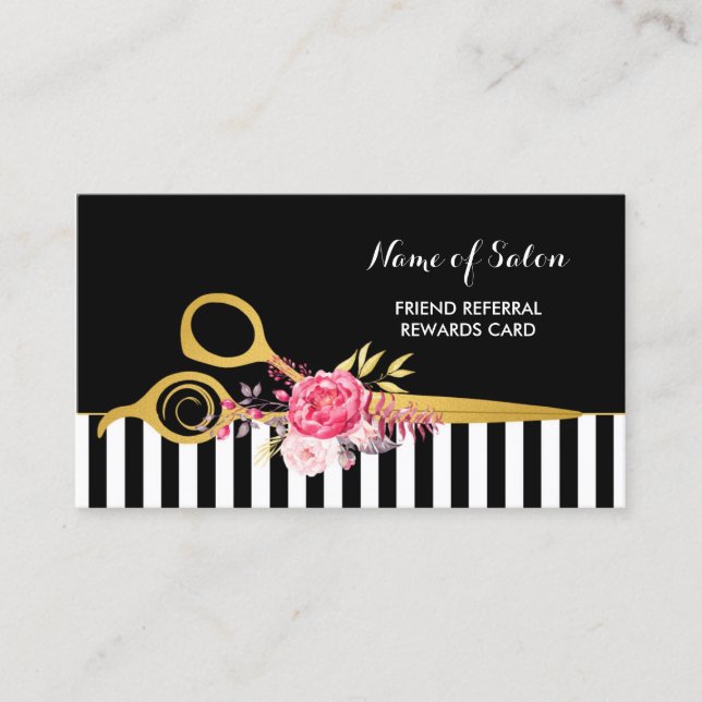 Faux Gold Scissors Pink Floral Hair Salon Referral (Front)