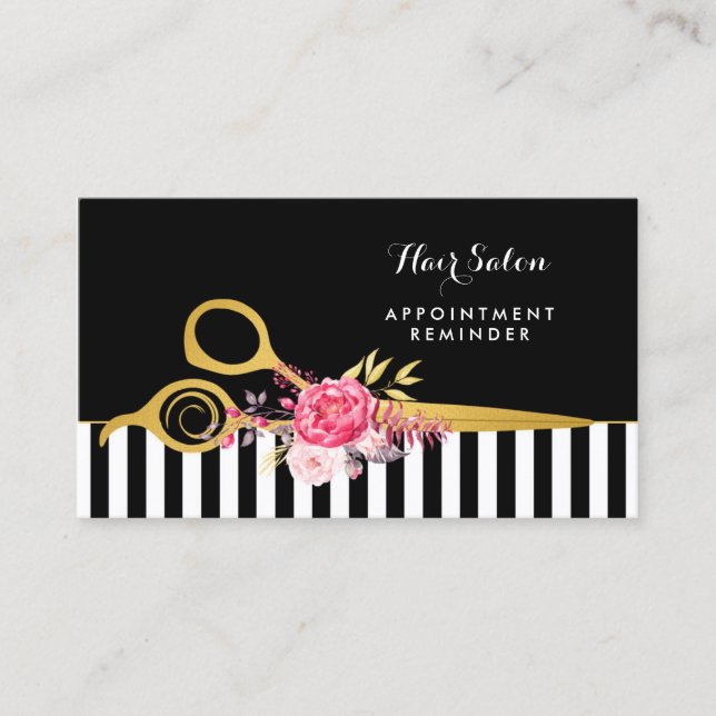 Faux Gold Scissors Pink Floral Salon Appointment Card (Front)