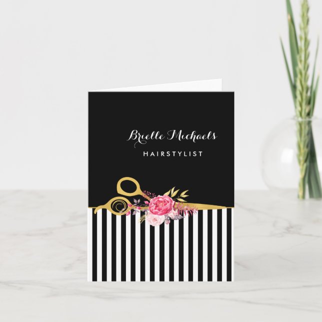 Faux Gold Scissors Stripes Pink Floral Hair Salon Card (Front)