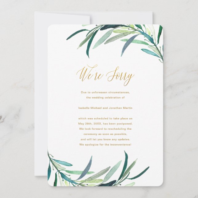 Faux Gold Script Wedding Postponement Announcement (Front)