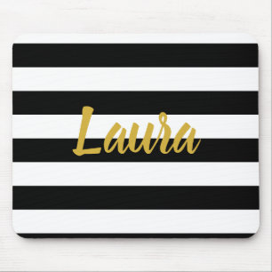 Faux Gold Script with Black and White Stripes Mouse Pad