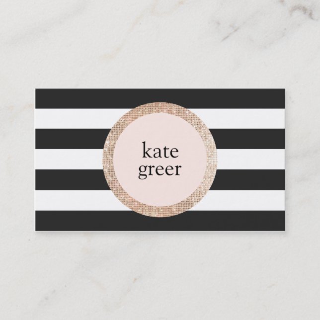 Faux Gold Sequin Black and White Striped Beauty Business Card (Front)