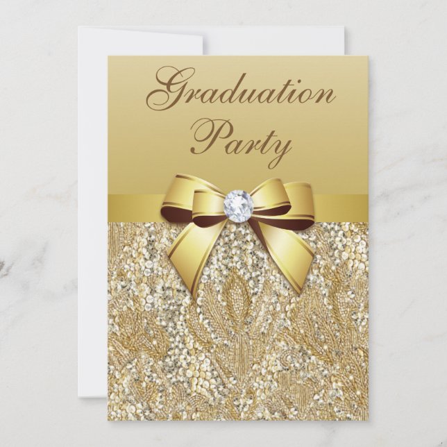 Faux Gold Sequins and Bow Girls Graduation Party Invitation (Front)