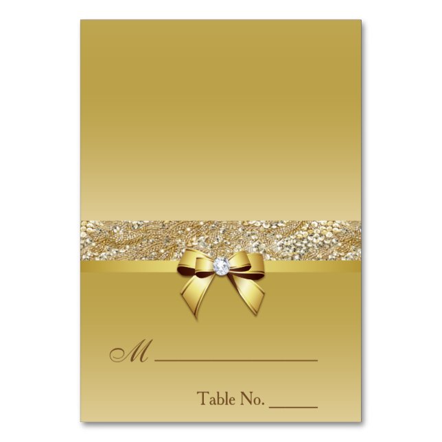 Faux Gold Sequins Diamond Bow Place Card (Front)