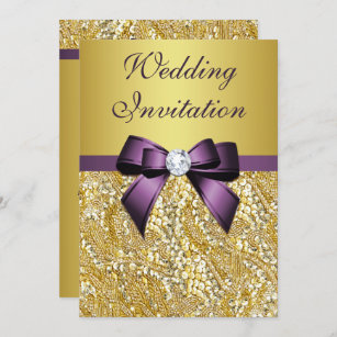 Faux Gold Sequins Diamonds Purple Bow Wedding Invitation