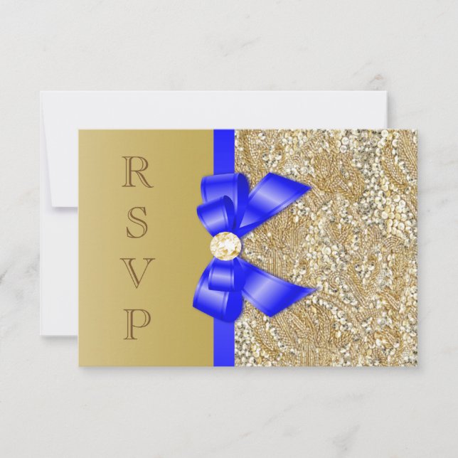 Faux Gold Sequins Royal Blue Bow RSVP Invitation (Front)