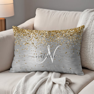 Faux Gold Silver Brushed Metal Glitter Monogram Decorative Cushion
