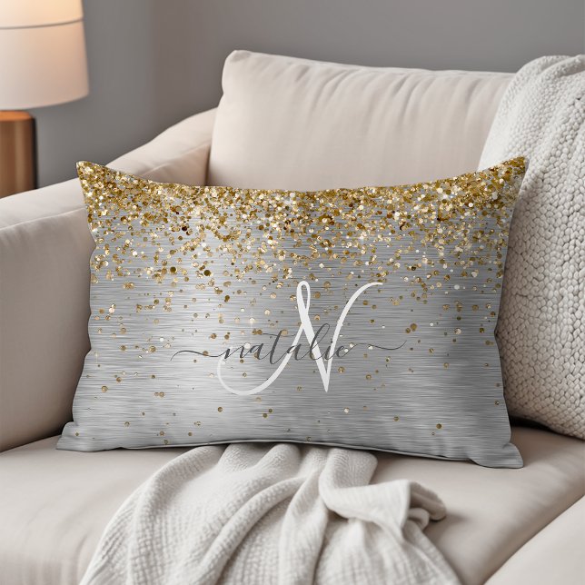 Faux Gold Silver Brushed Metal Glitter Monogram Decorative Cushion (Creator Uploaded)