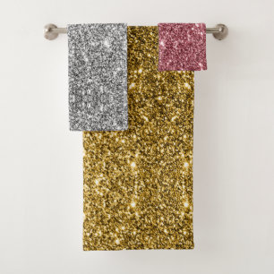 Faux Gold Silver Rosegold Metallic Sparkle Glitter Bath Towel Set