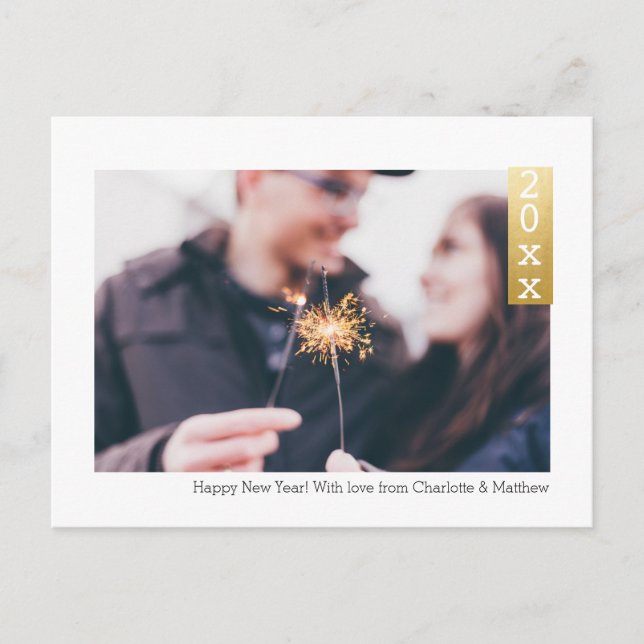 Faux Gold Simple Happy New Year Personalised Photo Postcard (Front)