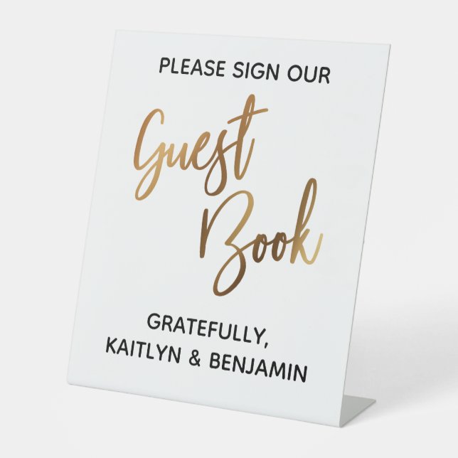 Faux Gold Simple Typography Guest Book Pedestal Sign (Front)