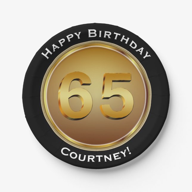 Faux Gold Sixty-fifth 65th Birthday with Name Paper Plate (Front)