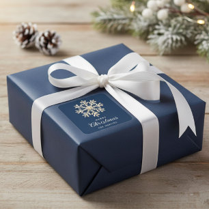 Faux Gold Snowflake Navy Blue Custom Holiday Square Sticker