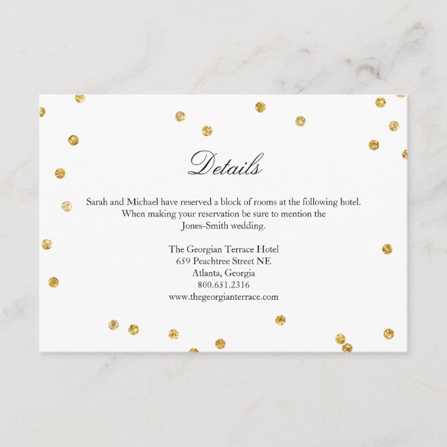 Faux Gold Sparkle Confetti Wedding Details Card (Front)