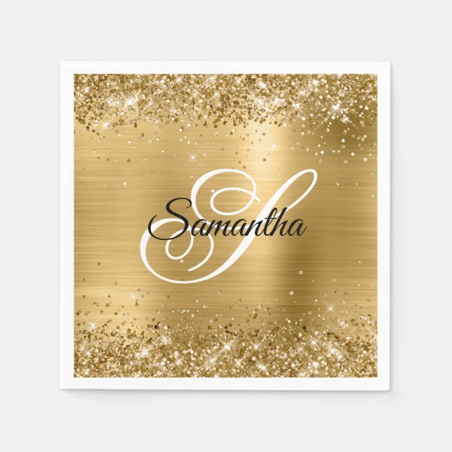 Faux Gold Sparkly Glitter and Foil Fancy Monogram Napkin (Front)