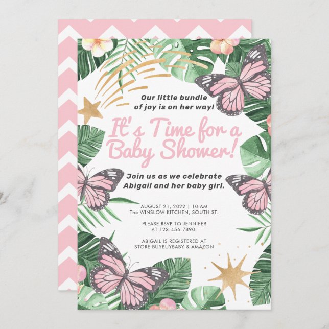 Faux Gold Star & Pink Butterfly Girl Baby Shower Invitation (Front/Back)