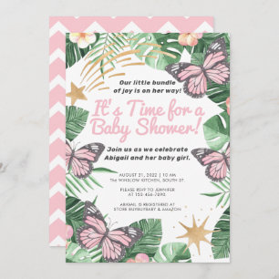Faux Gold Star & Pink Butterfly Girl Baby Shower Invitation