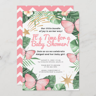 Faux Gold Star & Pink Butterfly Girl Baby Shower Invitation