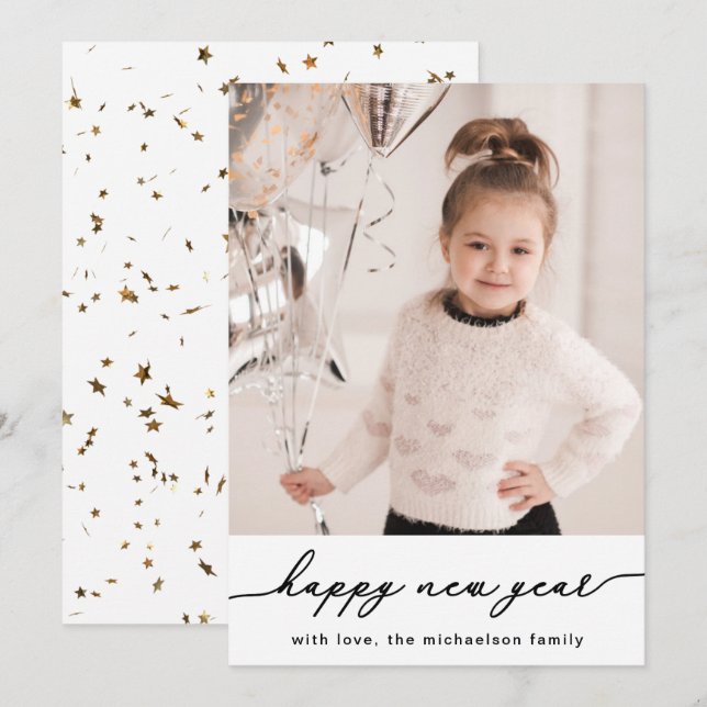 Faux Gold Stars and Confetti Photo Happy New Year Holiday Card (Front/Back)