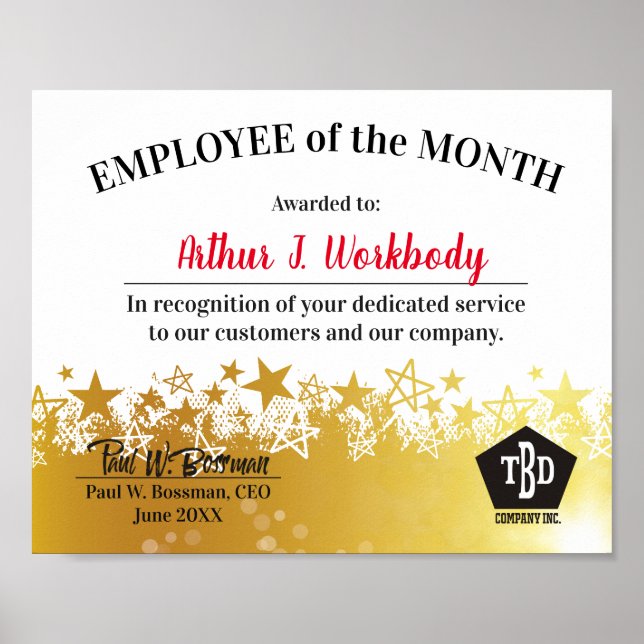 Faux gold stars employee of the month certificate poster (Front)