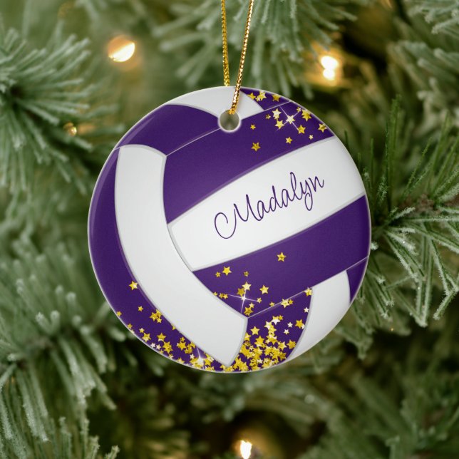 faux gold stars girls sports purple volleyball  ceramic ornament (Tree)