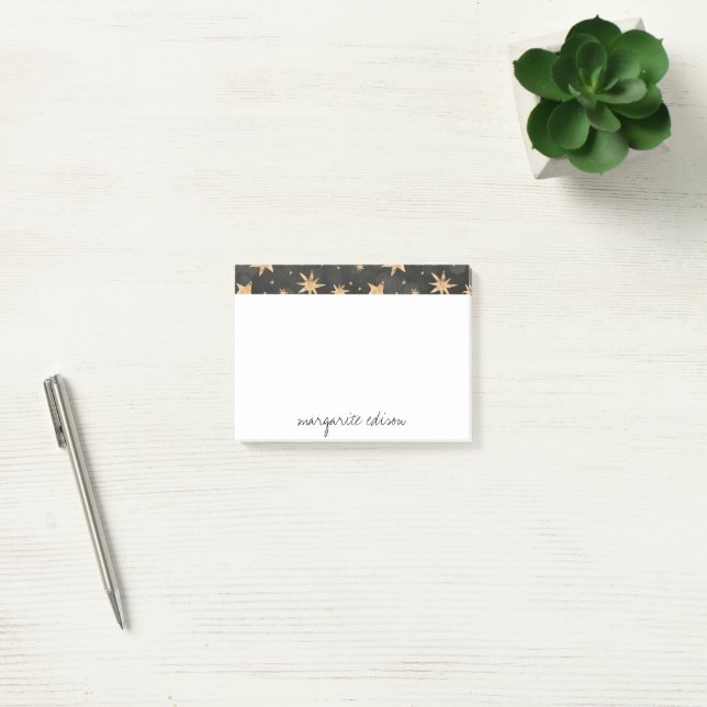 Faux Gold Stars on Black Pattern Design Post-it Notes (Office)