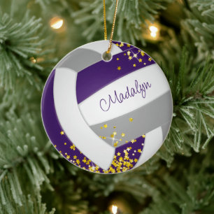 faux gold stars on girls purple grey volleyball ceramic ornament