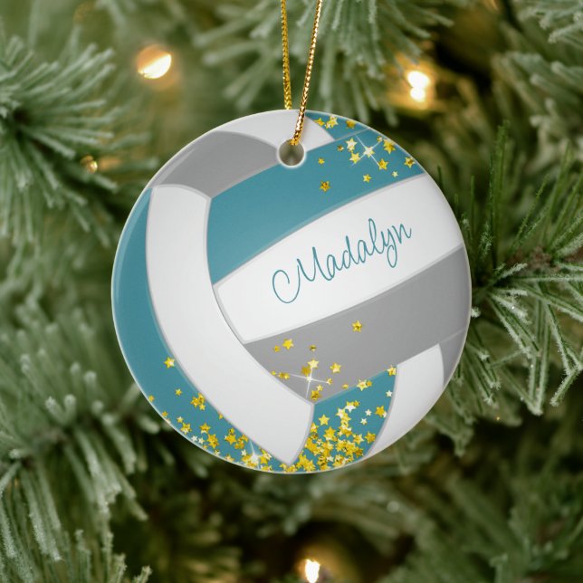 faux gold stars on girls teal grey volleyball  ceramic ornament (Tree)