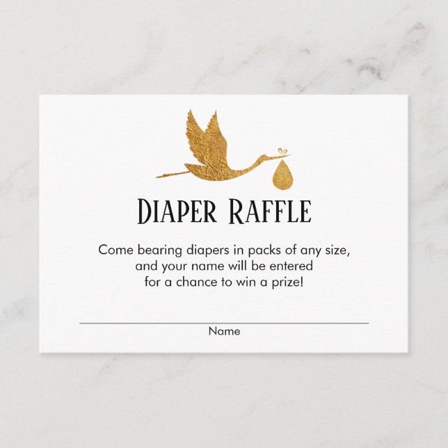Faux Gold Stork Baby Shower Diaper Raffle Tickets Enclosure Card (Front)