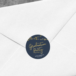 Faux Gold Strings of Lights Blue Graduation Party Classic Round Sticker