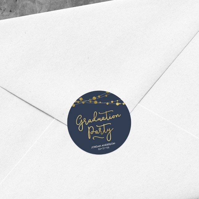 Faux Gold Strings of Lights Blue Graduation Party Classic Round Sticker (Creator Uploaded)