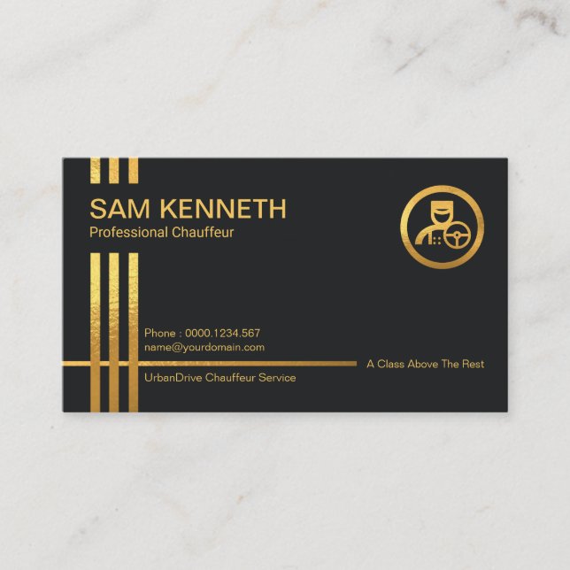Faux Gold Stripes Dark Blue Professional Chauffeur Business Card (Front)