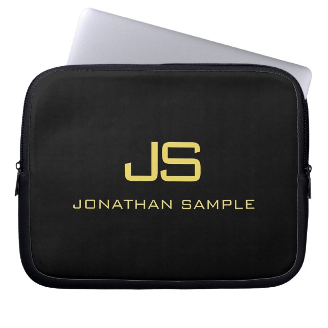 Faux Gold Text Beautiful Monogram Black Template Laptop Sleeve (Front)