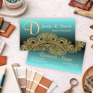 Faux Gold Trendy Mandala Motif On Teal Blue Green Business Card