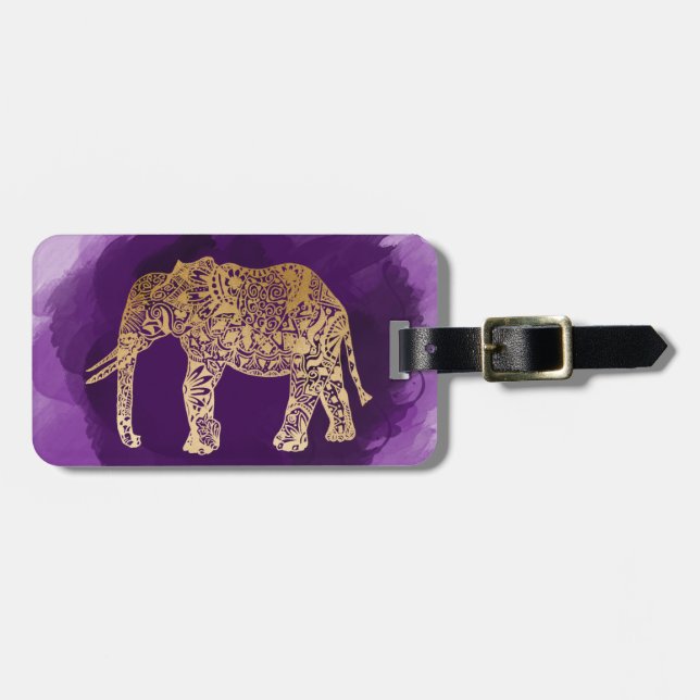 faux gold tribal elephant purple brushstroke luggage tag (Front Horizontal)