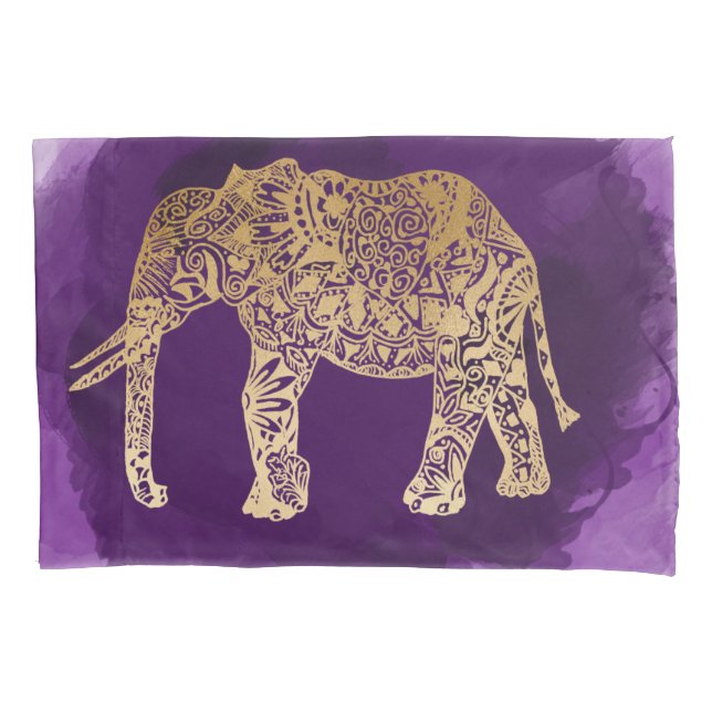 faux gold tribal elephant purple brushstroke pillowcase (Front)