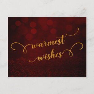 Faux Gold Typography "Warmest Wishes" Over Red Holiday Postcard