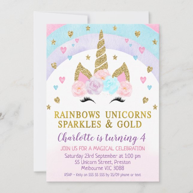 Faux Gold Unicorn Face Rainbow Birthday Invitation (Front)