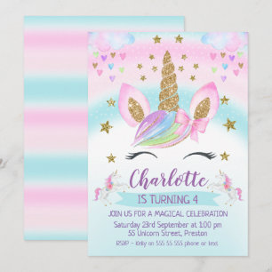 faux Gold Unicorn Rainbow 1st Birthday Invitation