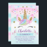 faux Gold Unicorn Rainbow 1st Birthday Invitation<br><div class="desc">Cute unicorn birthday invitation with a little bling. This design features a unicorn face, two clouds, some heart and faux gold stars, a banner and 2 small unicorns. The background includes a faint blue and pink rainbow. The color scheme is essentially blue and pink with touches of purple and green....</div>