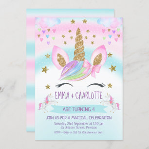 faux Gold Unicorn Rainbow Twins Joint Birthday Invitation