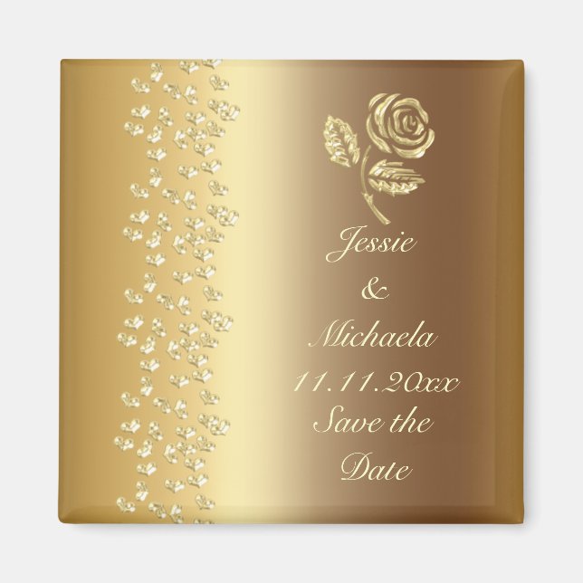 Faux Gold Wedding Rose and Hearts Save the Date Magnet (Front)