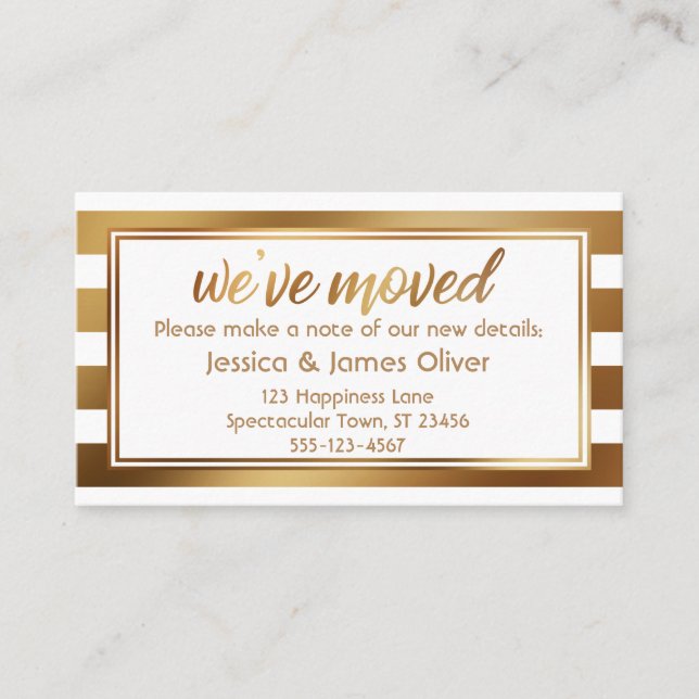 Faux Gold & White Stripes We've Moved Handout Card (Front)