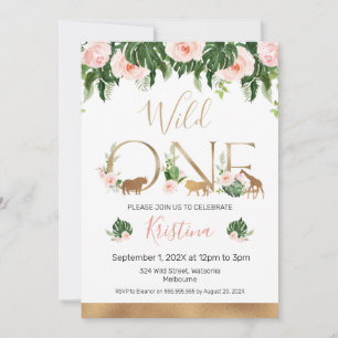 Faux Gold Wild One Floral Safari Birthday  Invitation