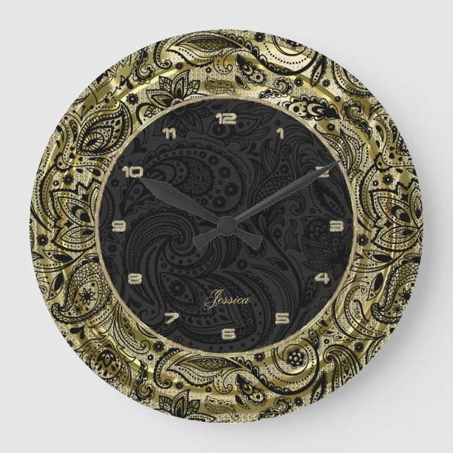 Faux Gold With Black Paisley & Background Large Clock (Front)
